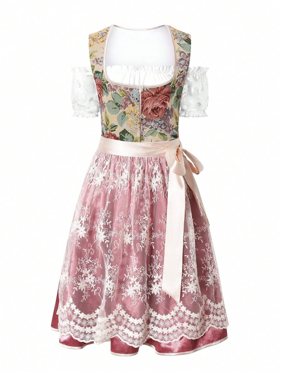 3 Pieces Oktoberfest Costumes Lace Floral German Dirndl Dresses, Halloween - Pink - View 1