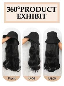 Synthetic Heat Resistant Wigs Black Long Wave  Curly Hair Wig With Hat 26 Inches For Women Black Bucket Hat Wigs - Black - View 6