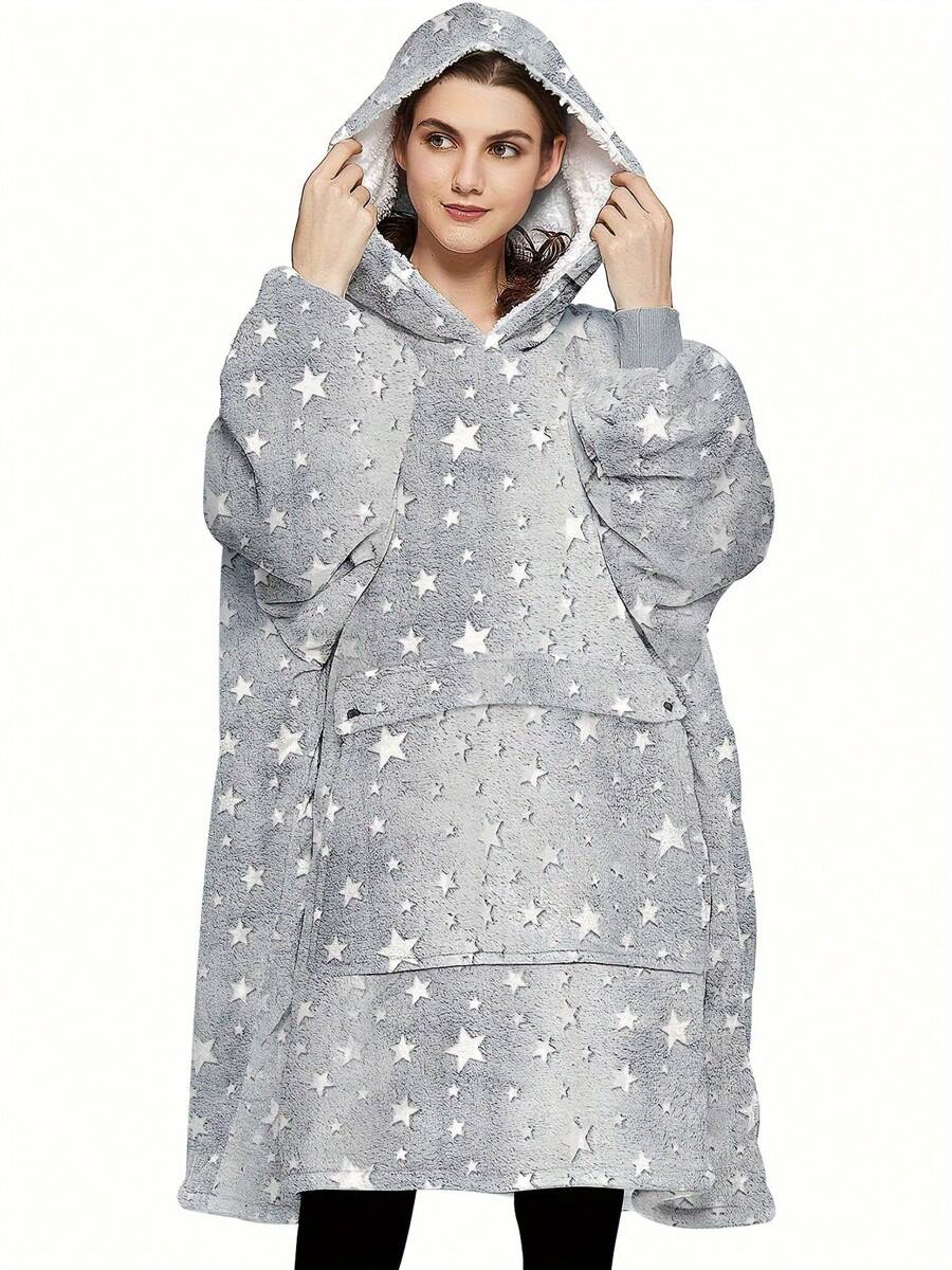 Women's Casual Fashion Simple Pattern Autumn And Winter Long-Sleeved Wearable Blanket Hoodie Jacket Cotton Coat