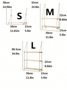 1pc No-Drill Hanging Rope Shelves Wooden Floating Wall Shelf Decor Rack For Living Room - Brown - View 6