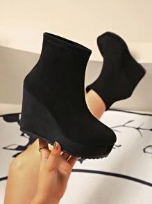 Women's Casual Suede Chunky Heel Slip-On Ankle Boots, Black - Black - View 3