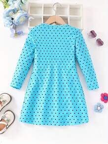 Young Girl Dots & Kitty Print Long-Sleeve Dress , Spring & Fall Everyday Sweet Casual Dresses, Party, Gift - Blue - View 2