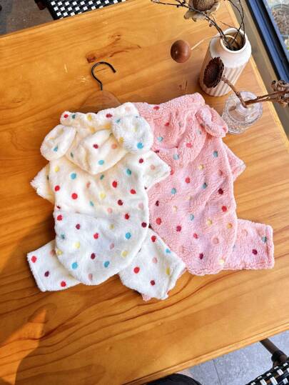 1 件装珊瑚绒圆点连帽连体衣宠物冬季服装适用于猫狗，超柔软且温暖