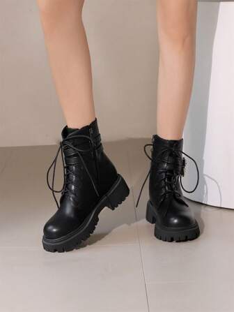 Women Short Lace-Up Round Toe  Boots, Flat Heel Sexy Side Zipper Ankle Boots