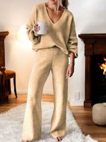 Conjunto Pantalon y Blusa Tipo Sueter Tejido de Punto Comodo - Beis - Ver 2