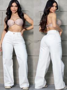 Women's Wide Leg High Waisted Jeans With Butt Lifting Pant - 白色 - 查看 2