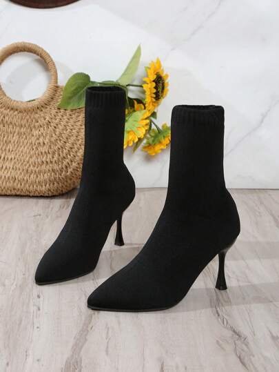 Botas femininas de salto alto com bico fino e elástico confortável na altura da panturrilha, salto agulha preto