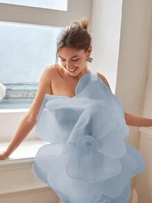 Summer Women's White 3D Rose Floral Elegant Evening Dress, One-Shoulder Backless, Large Flower Decor, Valentine's Day Clothes, Spring/Summer Outfits