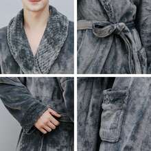 Adies Men Flannel Fleece Long Bathrobe Women Soft Warm Dressing Gown Bath Robe Men/Women Long Bath Robe Dressing Gown Hooded Fluffy Fleece Bathrobe Nightwears - Dark Grey - View 3