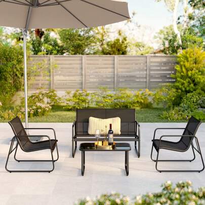4 Pieces Patio Furniture Set, Outdoor Bistro Hospitality Table And Chair Set, Patio Table And Chair Set ,4 Piece Patio Furniture Set, Outdoor Patio Furniture With Loveseat And 2 Single Chairs, Bistro Table And Chairs Set For Backyard, Balcony