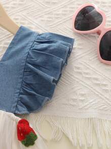 年轻女孩休闲时尚蝴蝶袖蝴蝶结拼布草莓刺绣网眼牛仔连衣裙，夏季