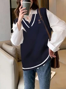 Alicedudu Fashionable Cartoon Pattern V-Neck Pullover Vest