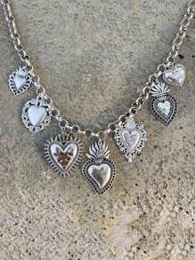 1pc Chunky Jewelry Vintage Gothic Heart Shape Multi-Pendant Halloween Necklace With Heart Lockets, Antique Silver And Gold, Red Hearts, Thick Chain For Women, Suitable For Halloween Party Valentines,Mom,Mother,Mother's Day,Gift