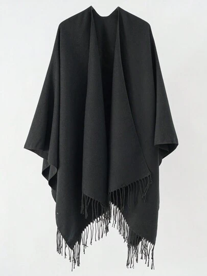 1pc Women Poncho Solid Faux Cashmere Fringe Open Front Oversized Warm Wrap Shawl Poncho Cloak Winter Fall