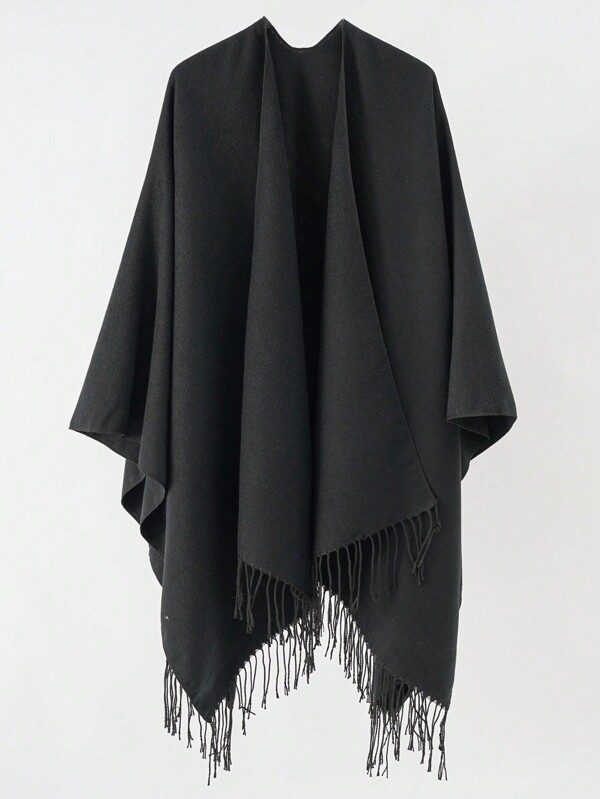 1pc Women Poncho Solid Faux Cashmere Fringe Open Front Oversized Warm Wrap Shawl Poncho Cloak Winter Fall