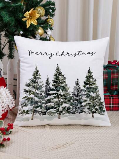 1 件雪景松树图案抱枕套，现代布艺毛绒印花靠垫套，适用于沙发客厅装饰，无枕芯圣诞节圣诞装饰圣诞装饰品圣诞装饰
