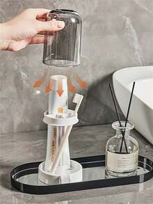 1pc Toothbrush Holder With Dustproof Cover, Drainage Design, Multifunctional Plastic Bathroom Toothbrush And Cup Organizer, Home Essential - Multicolor - View 4