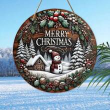 圣诞木质花环 - 雪花雪人图案，饰以浆果和绿叶 - 非常适合装饰前门、门廊或庭院，营造冬日仙境般的节日氛围（不含金色绳子），已预留孔眼 - 彩色 - 查看 5