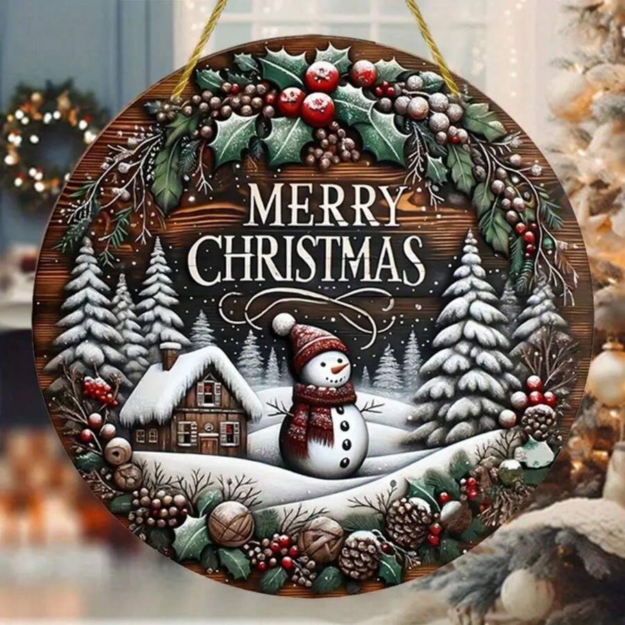圣诞木质花环 - 雪花雪人图案，饰以浆果和绿叶 - 非常适合装饰前门、门廊或庭院，营造冬日仙境般的节日氛围（不含金色绳子），已预留孔眼 - 彩色 - 查看 1