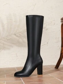女士高跟高筒靴，黑色时尚百搭甜美优雅及膝靴，女士高筒马靴和短靴，带毛皮衬里