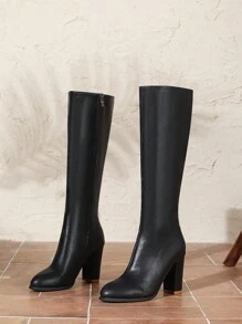 女士高跟高筒靴，黑色时尚百搭甜美优雅及膝靴，女士高筒马靴和短靴，带毛皮衬里
