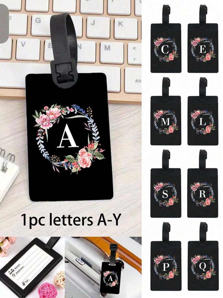 Etiqueta de bagagem com padrões florais e iniciais de 1 peça, etiqueta de identificação de bagagem de PVC, etiquetas de bagagem personalizadas para cruzeiros de carnaval, etiqueta de bagagem fofa para mala, etiqueta de identificação de bagagem, etiqueta de cartão de endereço, etiqueta portátil para mala, etiqueta para pendurar, essencial para viagens e saídas, itens essenciais para viagem, exercícios, material escolar, acampamento de férias, acessórios essenciais para férias, etiqueta de mala, bolsa para escola, acessórios escolares - Preto - Ver 1
