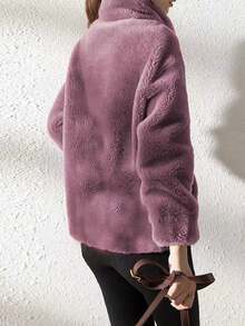 Women Fluffy Casual Solid Color Double-Sided Velvet Drawstring Stand Up Collar Jacket, Autumn/Winter