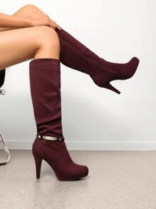 Women's Knee High Platform Heel Boots - 酒紅色 - 查看 3