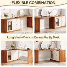LITTLE TREE Modern Makeup Vanity With 3 Drawers And Cabinet, Retractable Large Makeup Corner Dressing Table For Bedroom, Living Room - Óc chó + Trắng - Xem 7