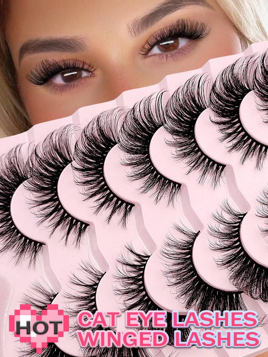 Asiteo 7 Pairs Fluffy Faux Mink Eyelashes, Wispy Fiber Material, Natural & Lengthening Lashes For Captivating Cat Eye Makeup - 眼尾拉長款 - 查看 1