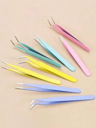 2pcs Stainless Steel Curved Colorful Tweezers For Nail Art Sticker, Rhinestone Applying, Eyelash Extensions, DIY Tools, Random Color Back To School,Back To School,School Supplies