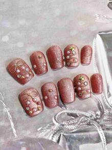 1set 10pcs Handmade Short Gel Nail Polish Strips, Cat Eye, Christmas Tree, Removable Artificial Nails