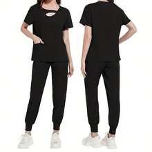 1 套女式涤纶护士制服手术服套装 - 带锁孔领口、口袋、快干、纯色、专业医疗保健工作服 - 黑色 - 查看 6