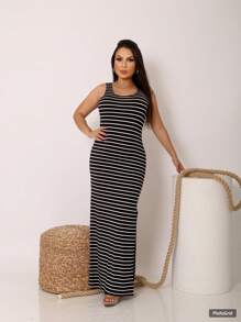 Vestido longo regata com fendas nas laterais Moda Verão - Preto C/ Branco - Visão 3