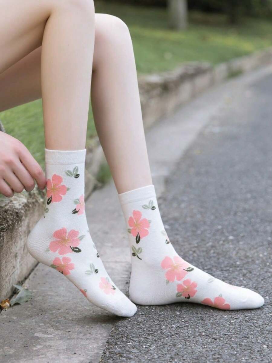 5双复古花卉图案女士中筒袜,舒适透气,秋季船袜 - 彩色 - 查看 1