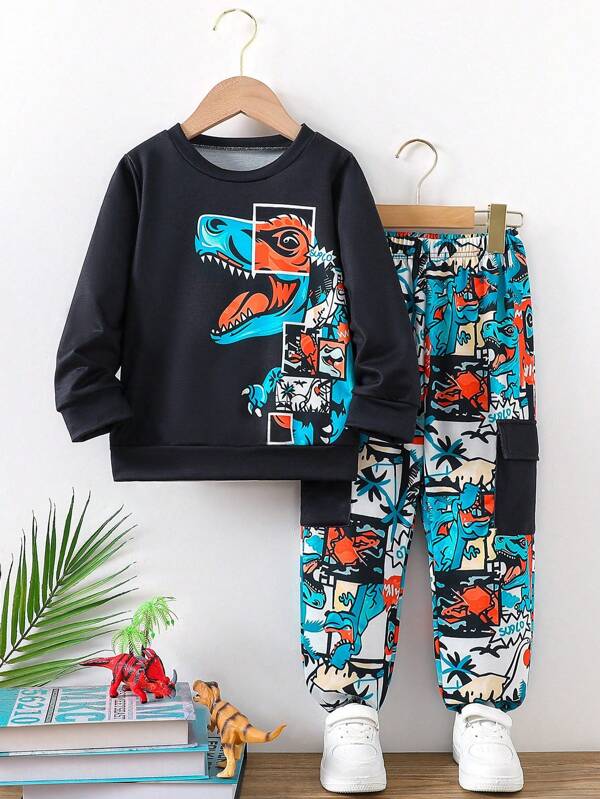 2pcs Young Boy Dinosaur Print Crew Neck Long Sleeve Top And Cargo Pants Set With Side Pockets, Casual Outfit For Outings & Sports, Suitable For Spring/Autumn