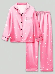 2pcs Tween Girl Starry Sky Print Trim Long Sleeve Top And Pants Pajama Set, Pink - Multicolor - View 11