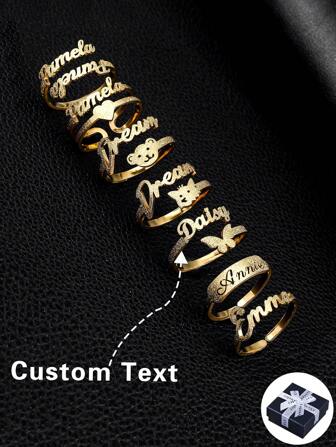 Customized Matte Finish Personalized Name Rings, Gold Matte Butterfly, Bear, Heart Adjustable Letter Couple Rings, Suitable As Halloween, Christmas, Anniversary Gifts For Couples, Friend, And Family Gold Stylish, Fall Fashion, Casual, Contracted, Simple, Unisex, Hipster Custom, Personalized, Friends For Anniversaries, For Valentine's Day, For Mother's Day, For Graduation, For Father's Day, For Weddings, For Daily Wear, For Party, For Prom, Customized Fashion Word Rings, Vintage Outfit,New Year Glamour