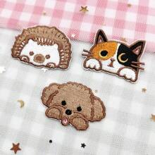 1 pieza/3 piezas Parches bordados de animales de dibujos animados japoneses (estilo autoadhesivo), parches decorativos para reparar ropa con lindos diseños de cachorro/gatito/erizo, adecuados para fundas de teléfonos, bolsas de lona, bolsos, ropa y talla grande para decoración DIY