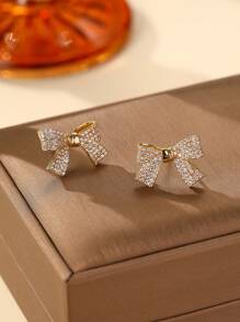 2 件别致蝴蝶结闪亮方晶锆石耳环，18K 镀金铜，适合女性，非常适合婚礼、订婚、日常佩戴、情人节和生日礼物情人节、妈妈、母亲、母亲节、礼物 - 金色 - 查看 2