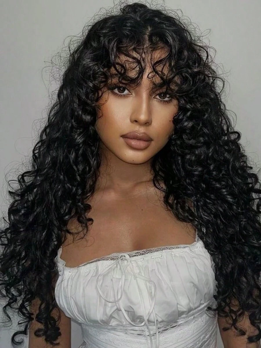 Curly Lace Front Wigs For Women Long Black Glueless Wig Loose Curly Synthetic Wigs Pre Plucked With Natural Hair Line For Daily Party Use 26 Inch - 黑色 - 查看 1