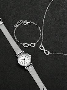 3pcs/Set Women's Fashion Minimalist Roman Numeral Small Dial Quartz Watch & Figure 8 Jewelry Set - Silver - View 4