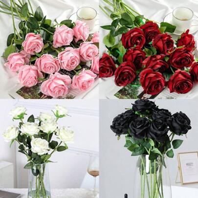 2/5/11/25花束人造丝花逼真玫瑰花束长茎婚礼墙卧室办公室家居装饰 DIY 新娘送礼会花卉中心装饰生日派对装饰（无瓶）、情人节、礼物