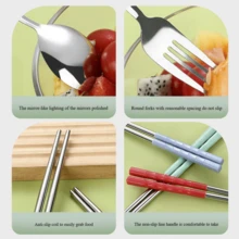 Bộ 3 món, Bộ dao kéo bằng thép không gỉ di động, Đũa, Muỗng, Nĩa, Tay cầm bằng tre chống trượt, Có hộp đựng - Thích hợp cho các chuyến dã ngoại, cắm trại và sử dụng hàng ngày - Đồ nấu ăn ngoài trời - Quà tặng Giáng sinh có thể gấp lại - Nhiều màu - Xem 7