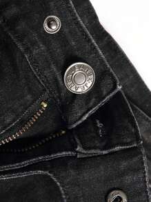 Men's Ribbed Jeans Stretch Straight Fit Denim Pants Washed Biker Distressed Destroyed Jeans - 黑色 - 查看 8