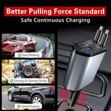 120W 4-In-1 Retractable Super Fast Car Charger - Fast Charging Adapter With Type C/For Ios Retractable Cables Compatible With IOS 15/14/13/12/11, Galaxy, Pixel And All IOS And Android Devices - Safe And Reliable Car Plug With 36V Operating Voltage