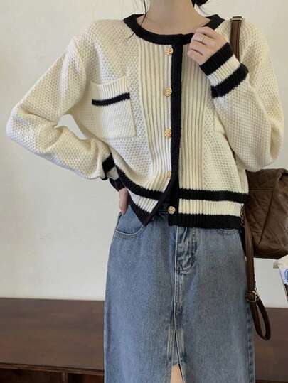 柔软温和的拼色圆领毛衣，女士百搭开衫