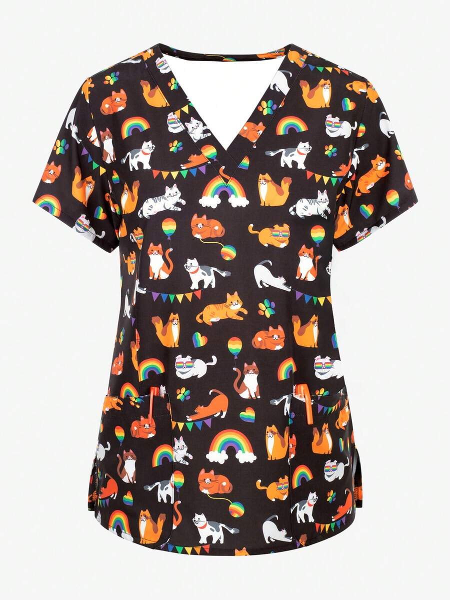 Đồng phục y tá in kỹ thuật số co giãn cho nữ, quần áo làm việc có túi, áo phẫu thuật thoáng khí - Nhiều màu - Xem 1