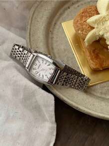 sottas 新款方形迷你圆筒女士腕表，复古数字迷你圆筒表盘，韩版时尚简约优雅休闲百搭奢华小众钢带石英腕表，表带长度可调节 - 白色 - 查看 3