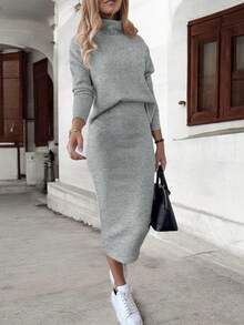 Comfortable Knitted Skirt And Sweater Set - Grey - View 2